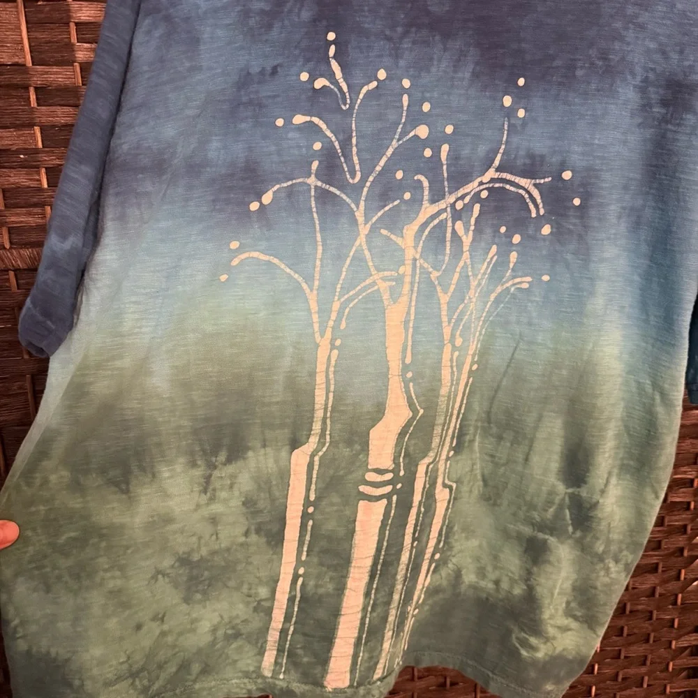 🌿 Grebe Batik Bamboo Tree Tie Dye Top XL Blue Green Artsy Cotton Handmade - Picture 6 of 9